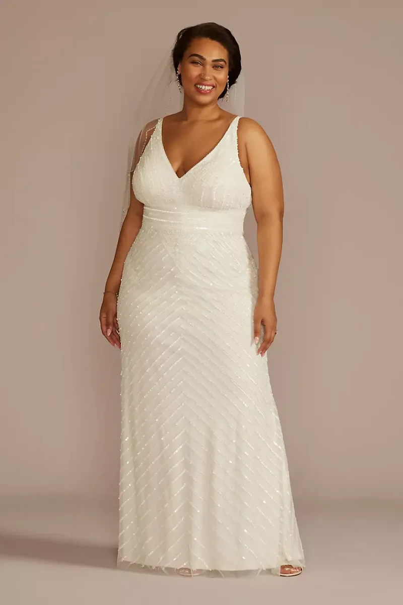 As Is Open Back Beaded Sheath Wedding Dress in Ivory Size: 18W David's Bridal