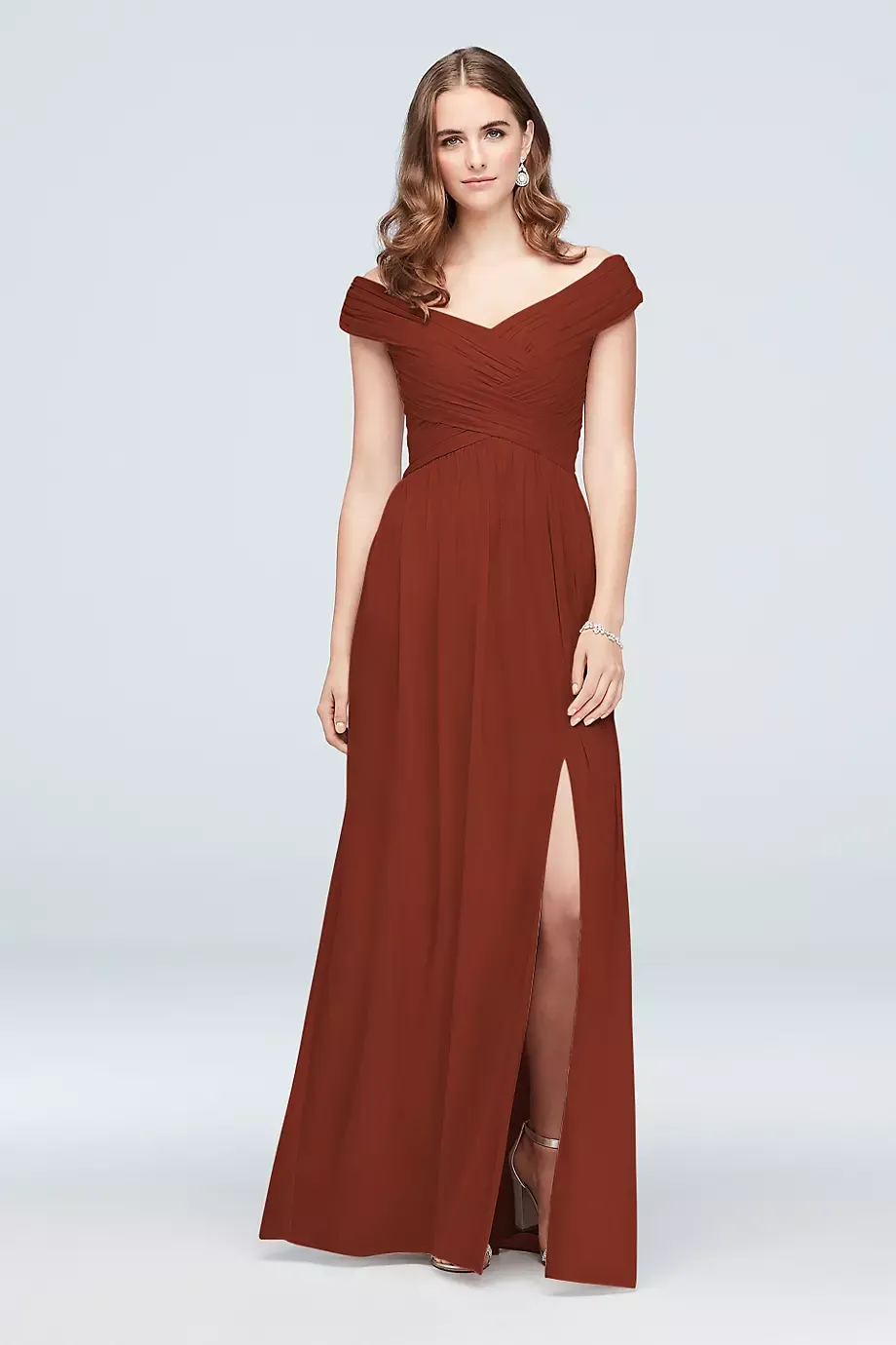 Celebrate DB Studio Crisscross Off-The-Shoulder Mesh Bridesmaid Dress in Cinnamon Size: 26 David's Bridal