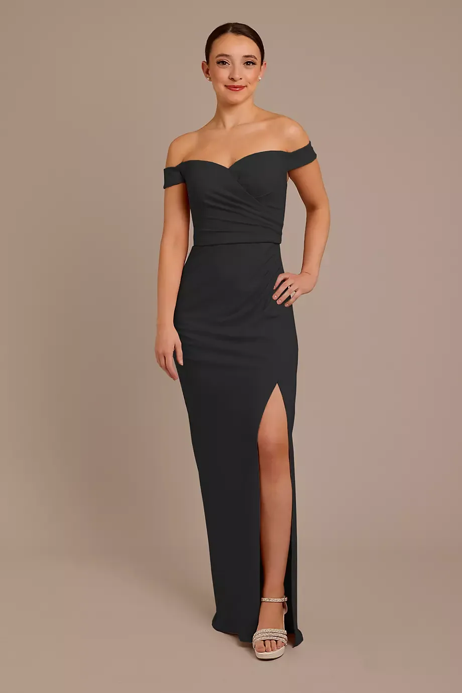 Celebrate DB Studio Structured Crepe Off-The-Shoulder Dress in Black Size: 8 David's Bridal