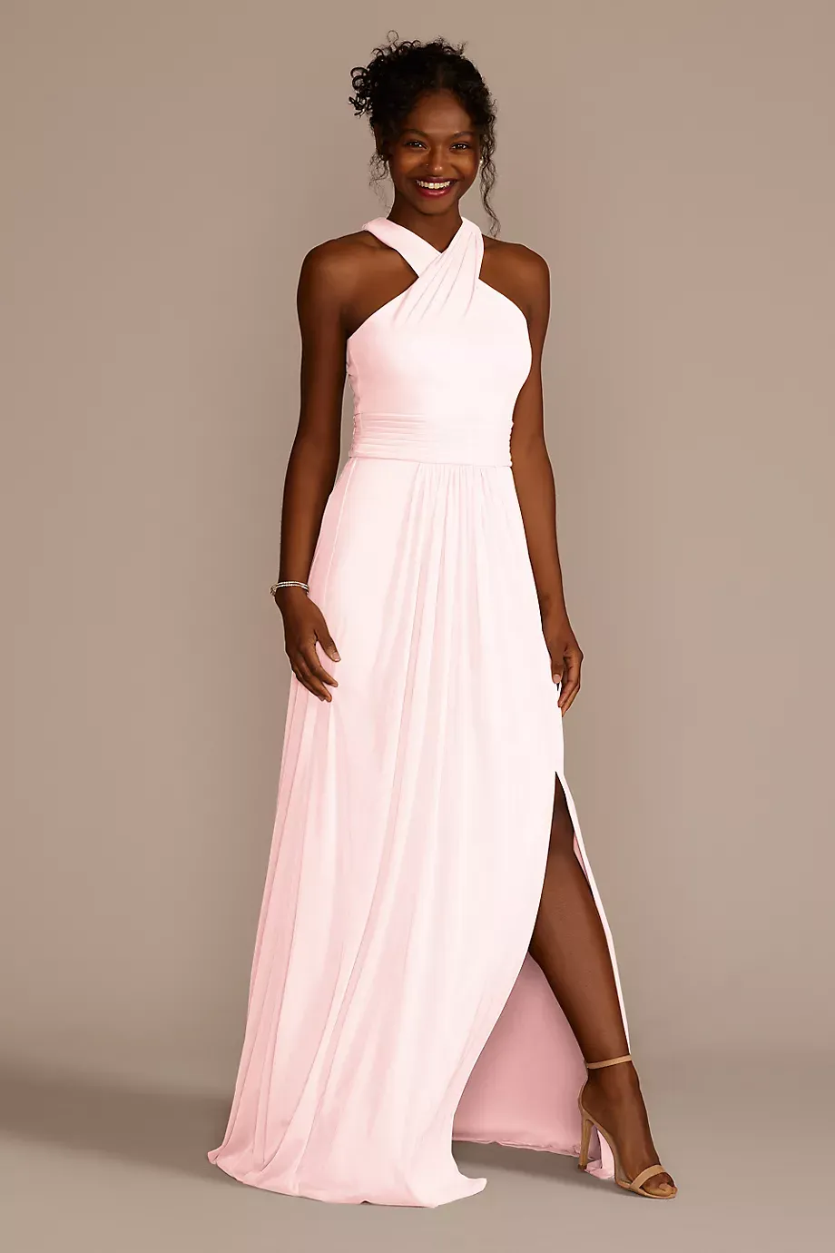 Celebrate DB Studio Crisscross High-Neck Mesh Dress in Petal Size: 18 David's Bridal