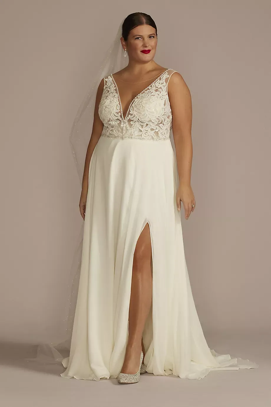 Galina Signature Applique Illusion Chiffon Plus Size Wedding Dress in Ivory Size: 26W David's Bridal
