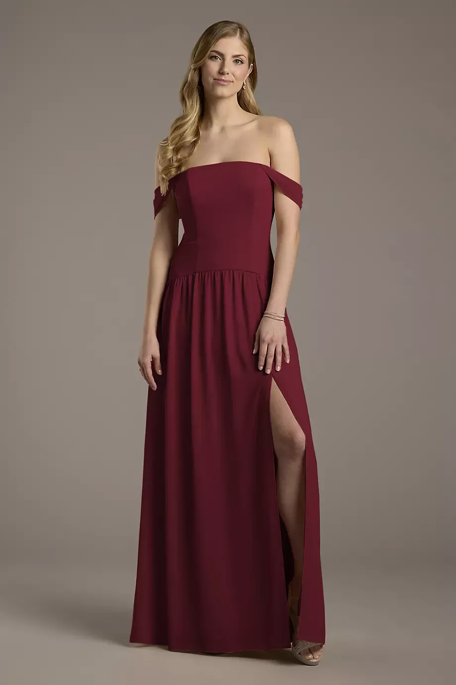 Celebrate DB Studio Chiffon Curved Drop Waist Off-The-Shoulder Dress in Wine Size: 2 David's Bridal