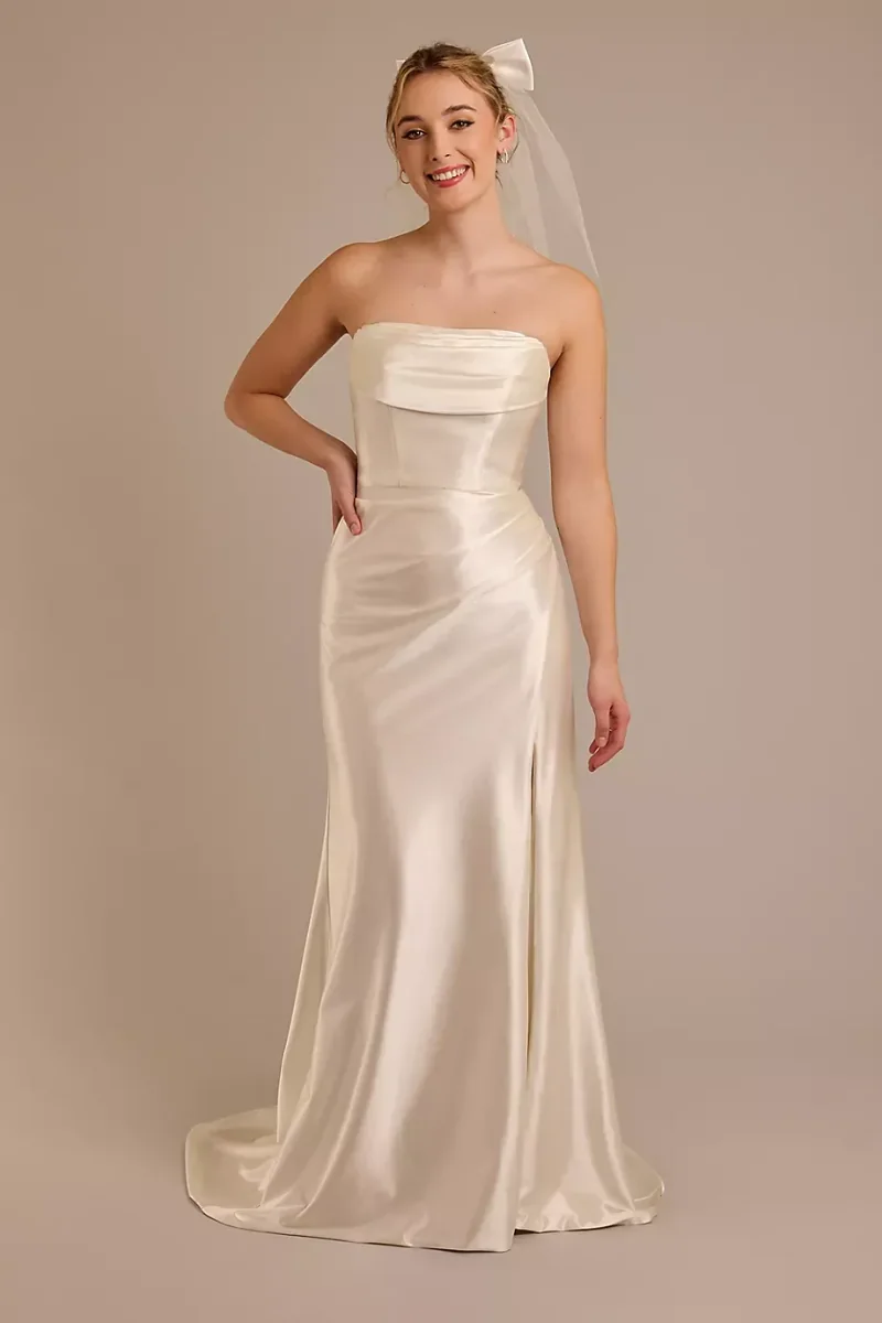 DB Studio Strapless Sculpting Satin Mermaid Wedding Dress in Ivory Size: 0 David's Bridal