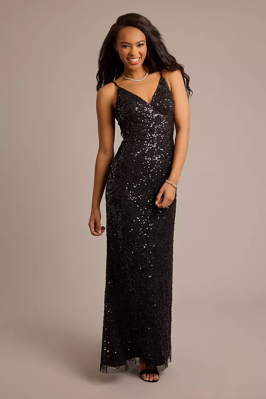 Galina Signature Beaded And Sequined Spaghetti Strap Sheath Dress in Black Size: 10 David's Bridal