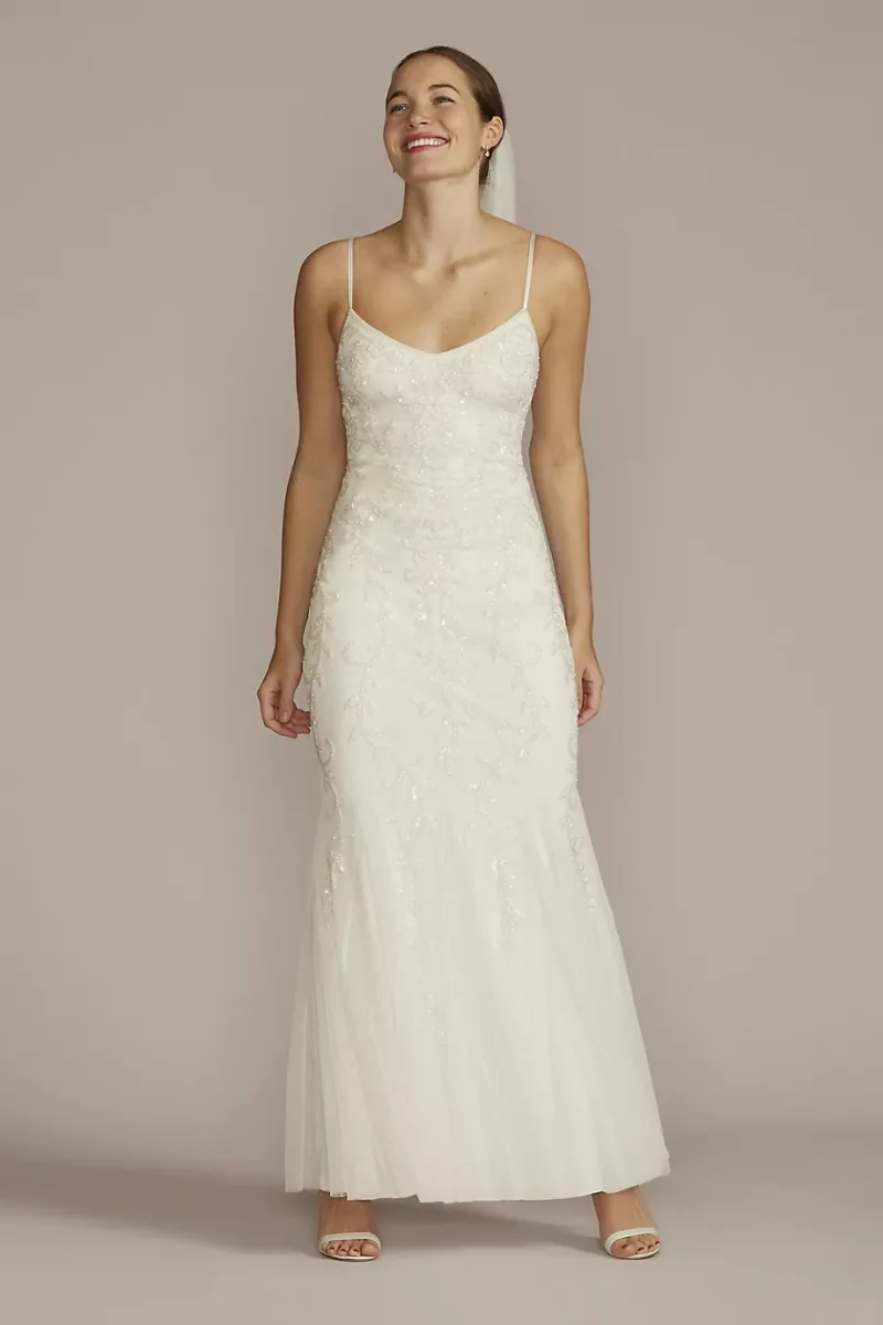 DB Studio Allover Floral Beaded Godet Sheath Wedding Dress in Soft White Size: 14 David's Bridal