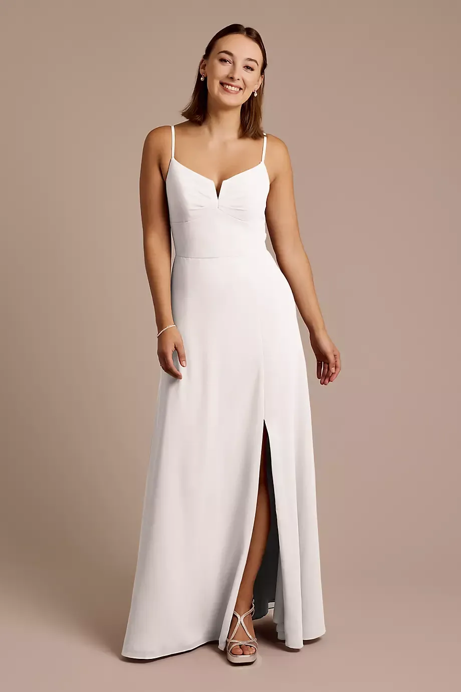 Celebrate DB Studio Chiffon Spaghetti Strap Sheath Dress in White Size: 6 David's Bridal