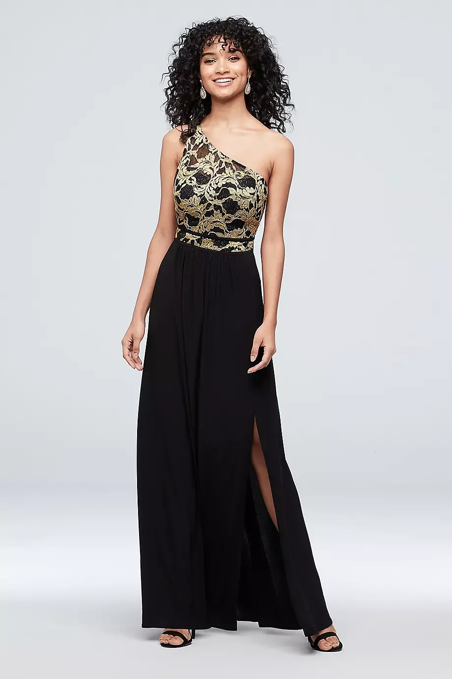 As Is Strappy One-Shoulder Jersey Lace Sheath Dress in Black/Gold Size: 4 David's Bridal