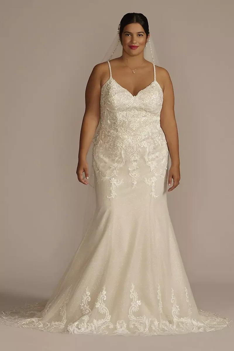 Oleg Cassini Appliqued Lace-Up Spaghetti Strap Wedding Dress in Ivory/Stone Size: 28W David's Bridal