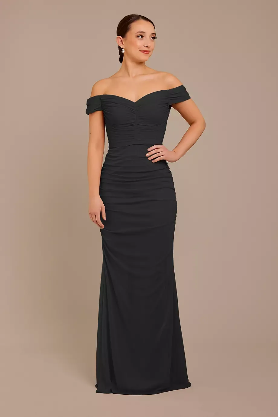 Celebrate DB Studio Mesh Off-The-Shoulder Ruched Bridesmaid Dress in Black Size: 12 David's Bridal