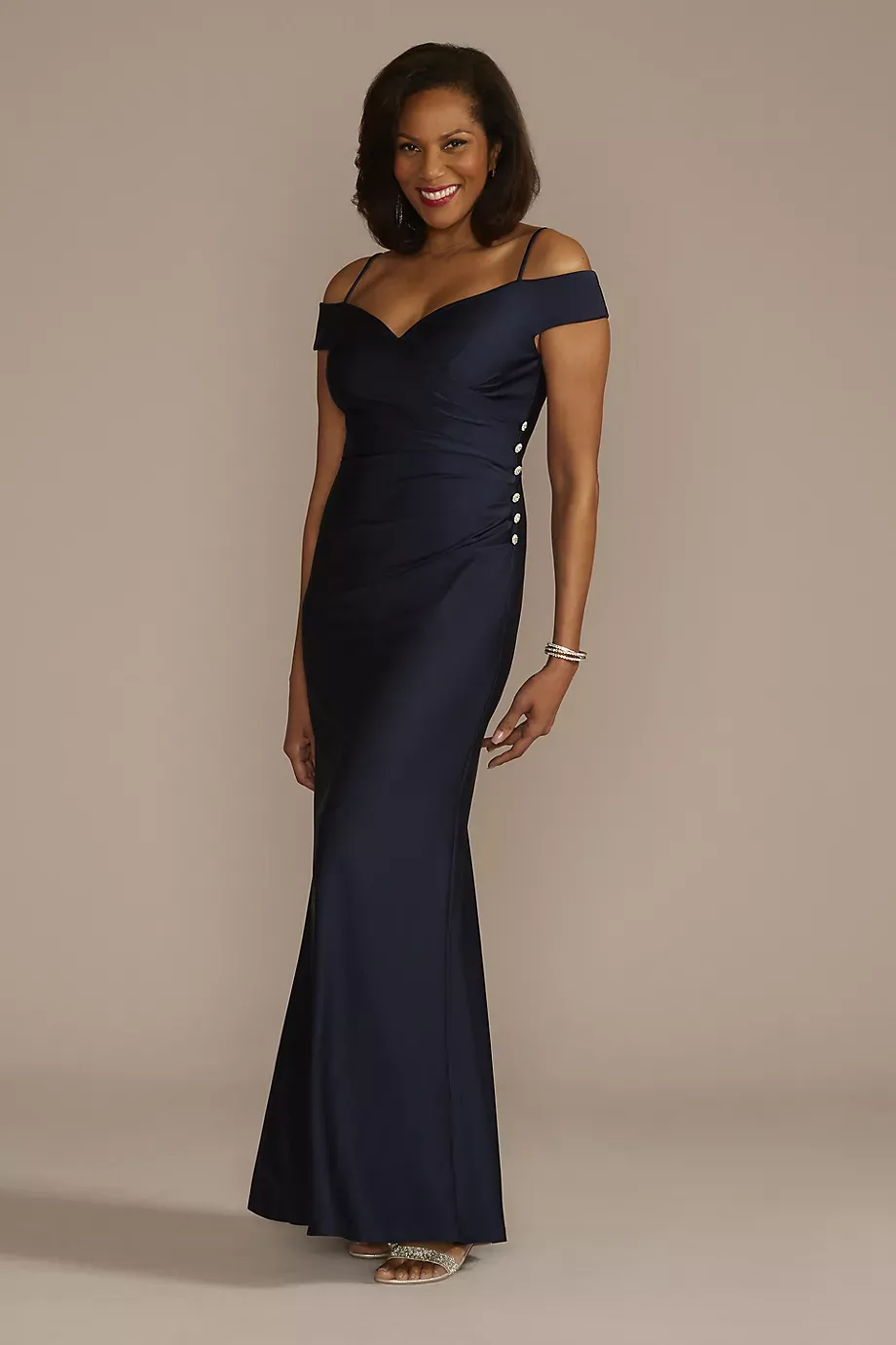 Oleg Cassini Off-The-Shoulder Ruched Sheath Dress With Buttons in Midnight Size: 2 David's Bridal