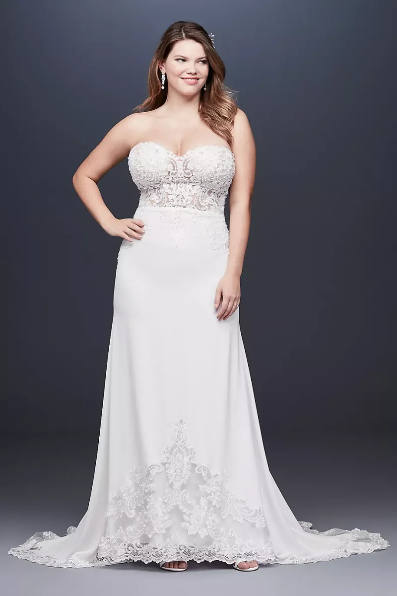 Galina Signature Lace Sheer Beaded Bodice Plus Size Wedding Dress in Soft White Size: 24W David's Bridal