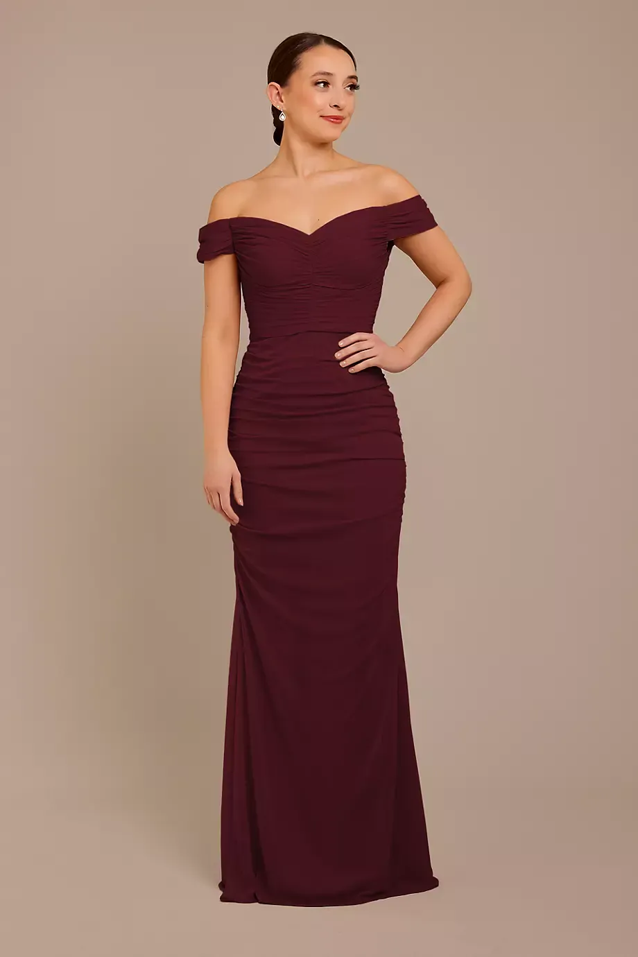 Celebrate DB Studio Mesh Off-The-Shoulder Ruched Dress in Wine Size: 20 David's Bridal
