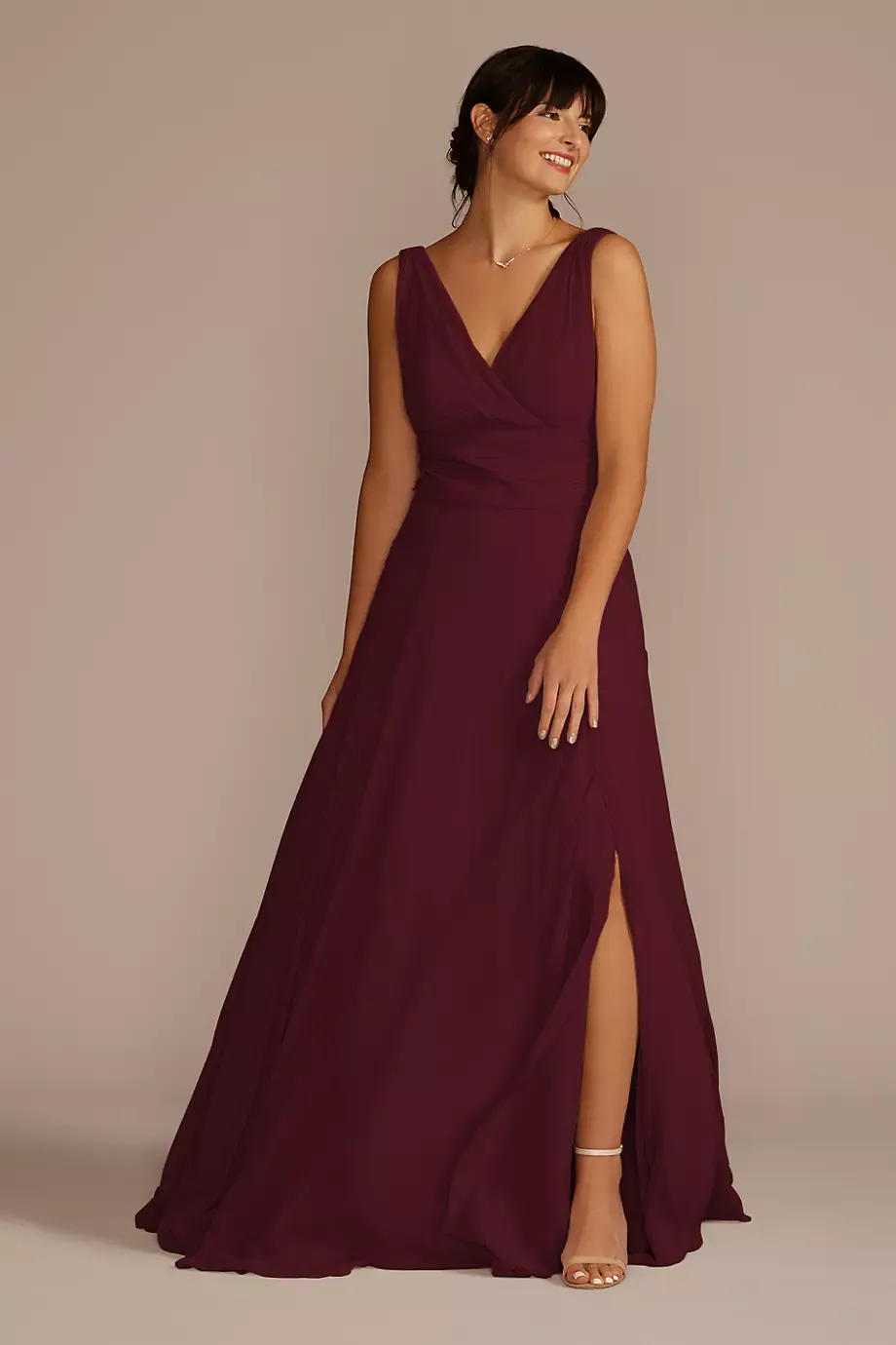 Celebrate DB Studio Long Chiffon Surplice Tank Dress in Wine Size: 16 David's Bridal
