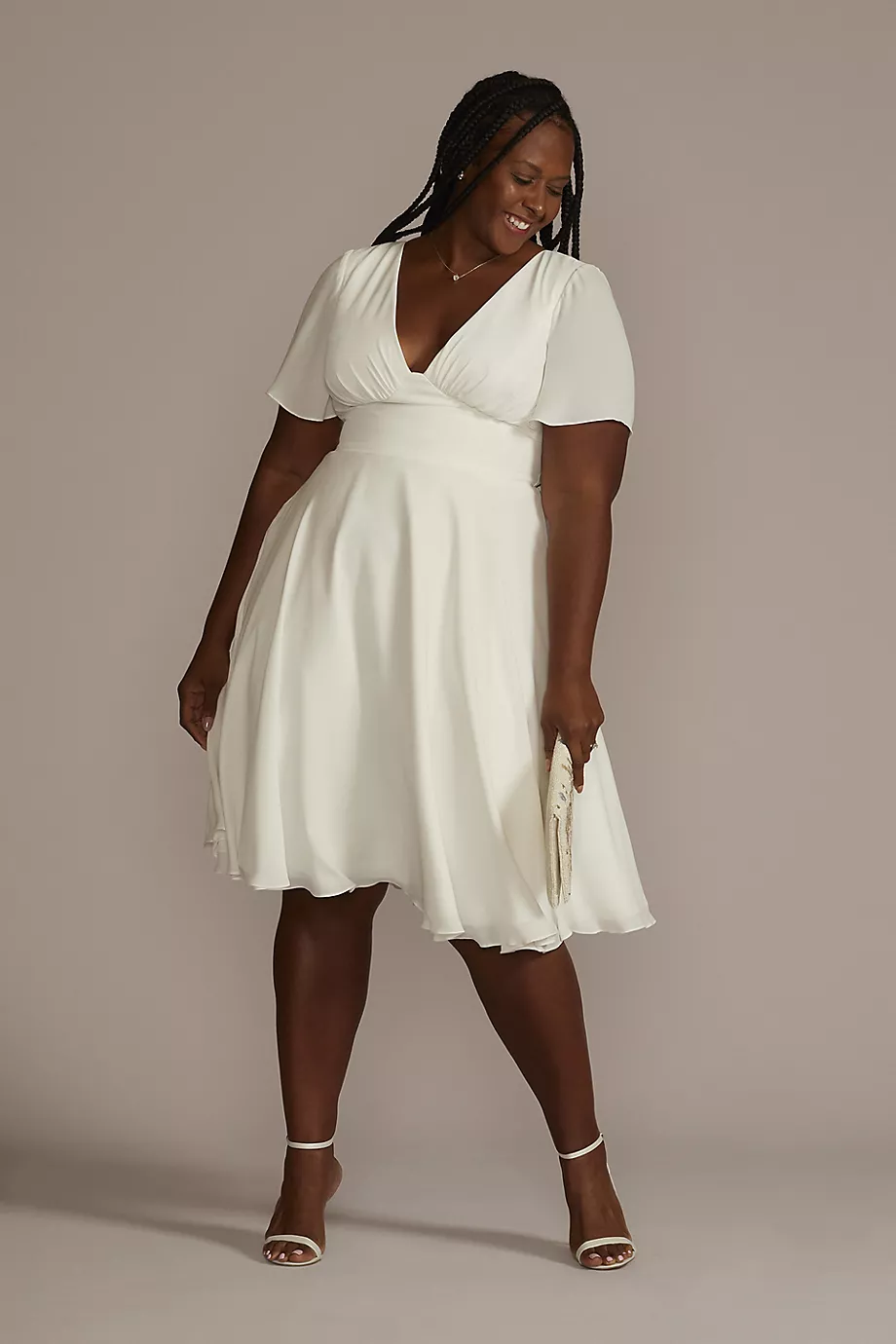 DB Studio Flutter Sleeve Midi-Length Plus Size Dress in Soft White Size: 18W David's Bridal