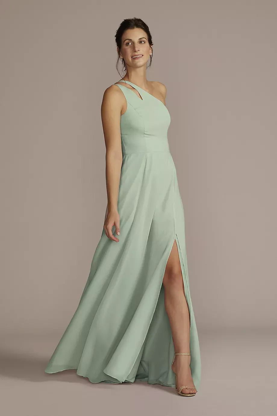 Celebrate DB Studio Chiffon One-Shoulder Cutout Dress in Dusty Sage Size: 14 David's Bridal