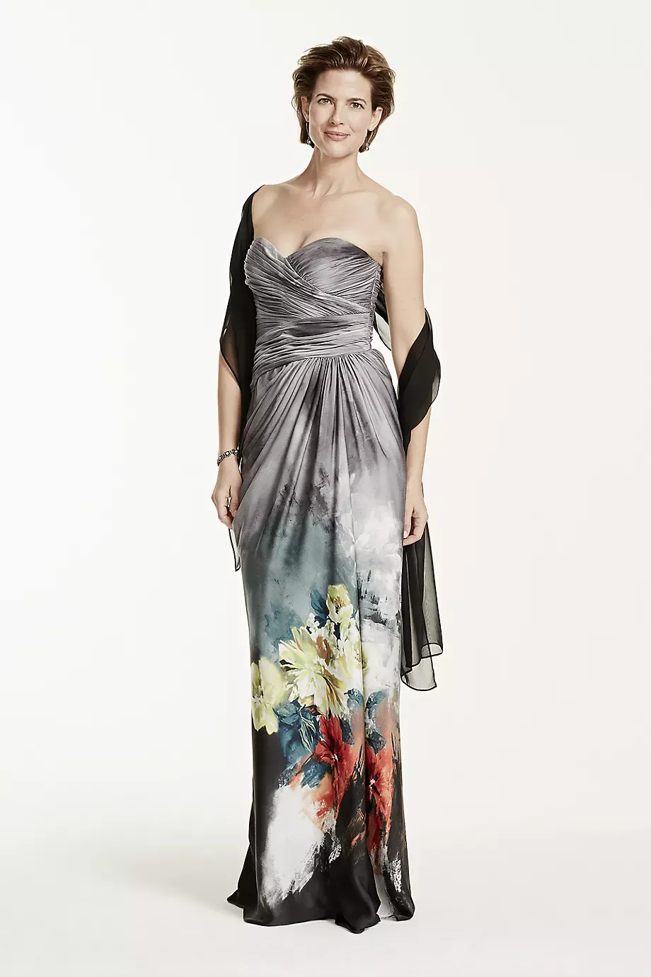 Adrianna Papell Strapless Printed Dress With Draped Bodice in Black/Multi Size: 6 David's Bridal