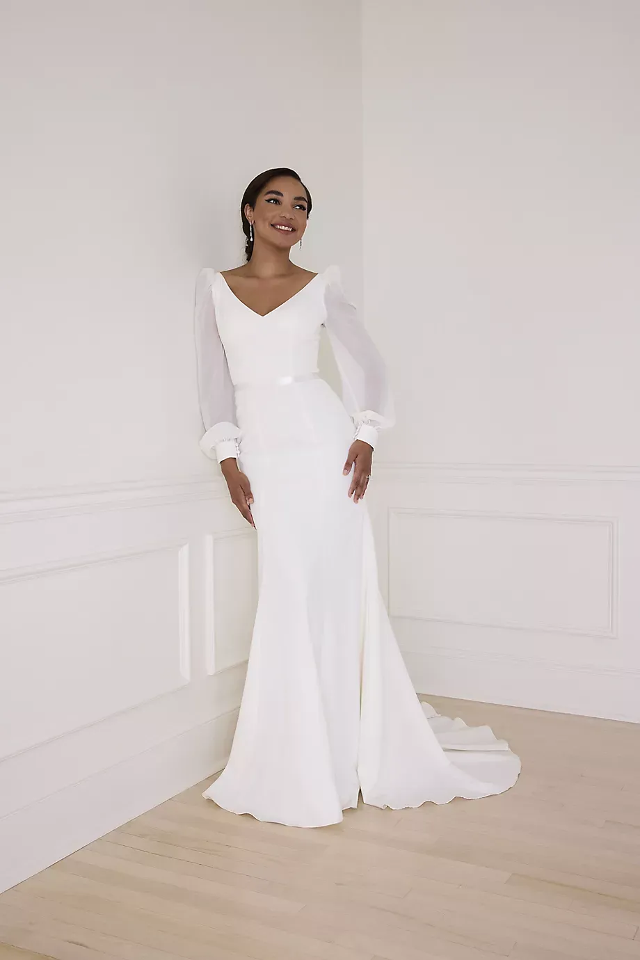 DB Studio Long Sleeve V-Neck Crepe Mermaid Wedding Dress in Ivory Size: 8 David's Bridal