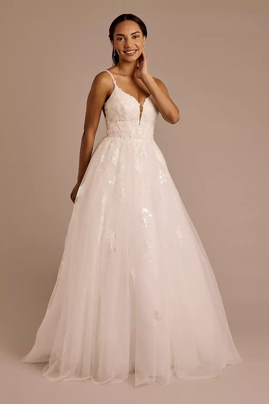 Oleg Cassini Spaghetti Strap Tulle Ball Gown in Soft White Size: 10 David's Bridal