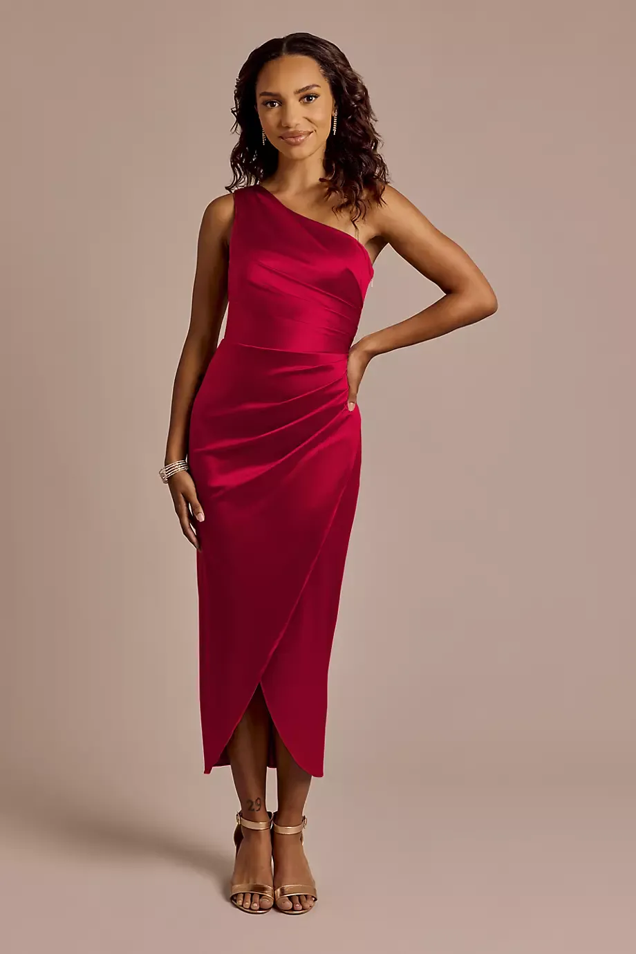 Celebrate DB Studio Draped One-Shoulder Sculpting Satin Midi Dress in Apple Size: 16 David's Bridal
