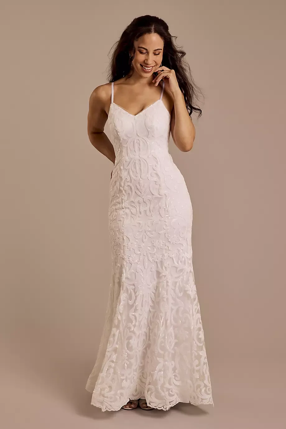 DB Studio Allover Sequin Applique Sheath Wedding Dress in Soft White Size: 14 David's Bridal