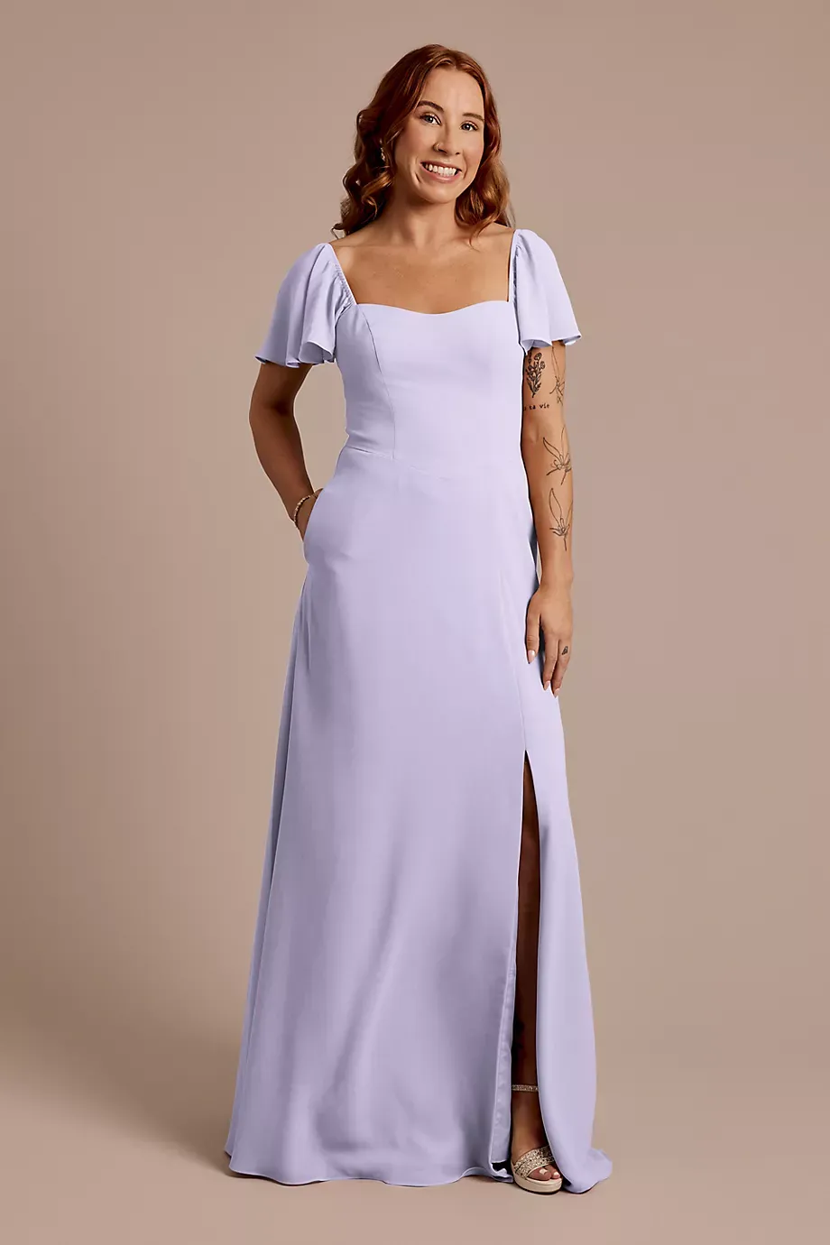 Celebrate DB Studio Chiffon Flutter Sleeve Dress With Basque Waist in Iris Size: 16 David's Bridal