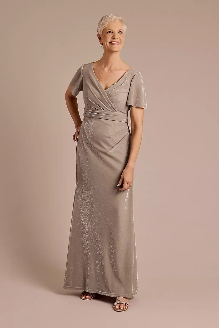 Oleg Cassini Flutter Sleeve Metallic Knit A-Line Dress in Taupe Size: 10 David's Bridal