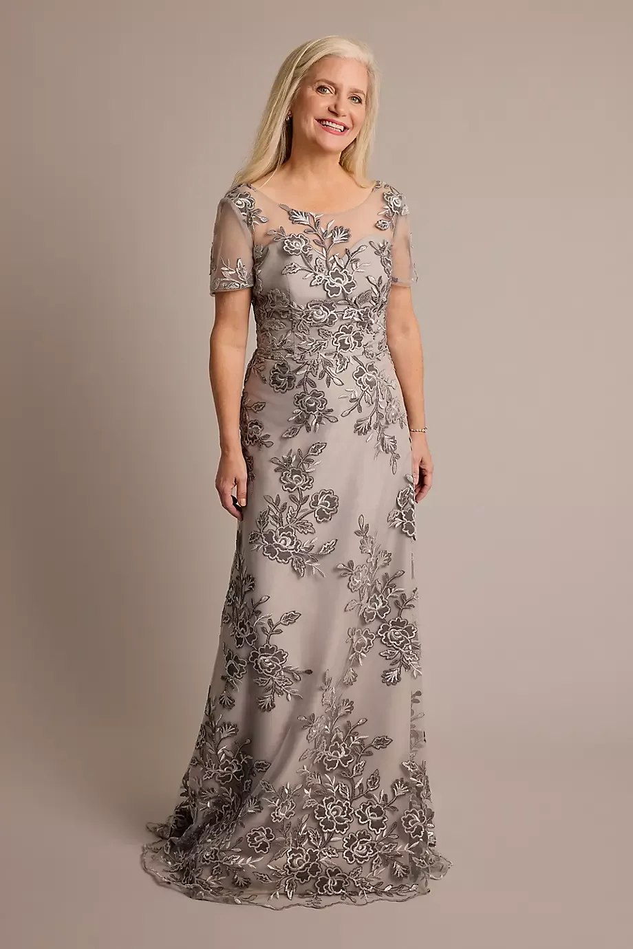 As Is Short Sleeve Velvet Embroidery A-Line Dress in Grey Size: 2 David's Bridal