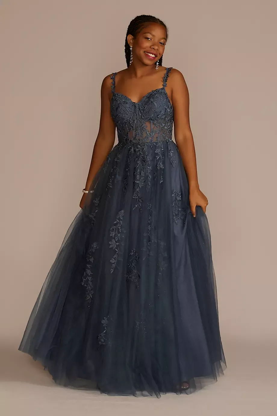 Jules and Cleo Floral Applique Ballgown With Illusion Corset in Slate Blue Size: 12 David's Bridal