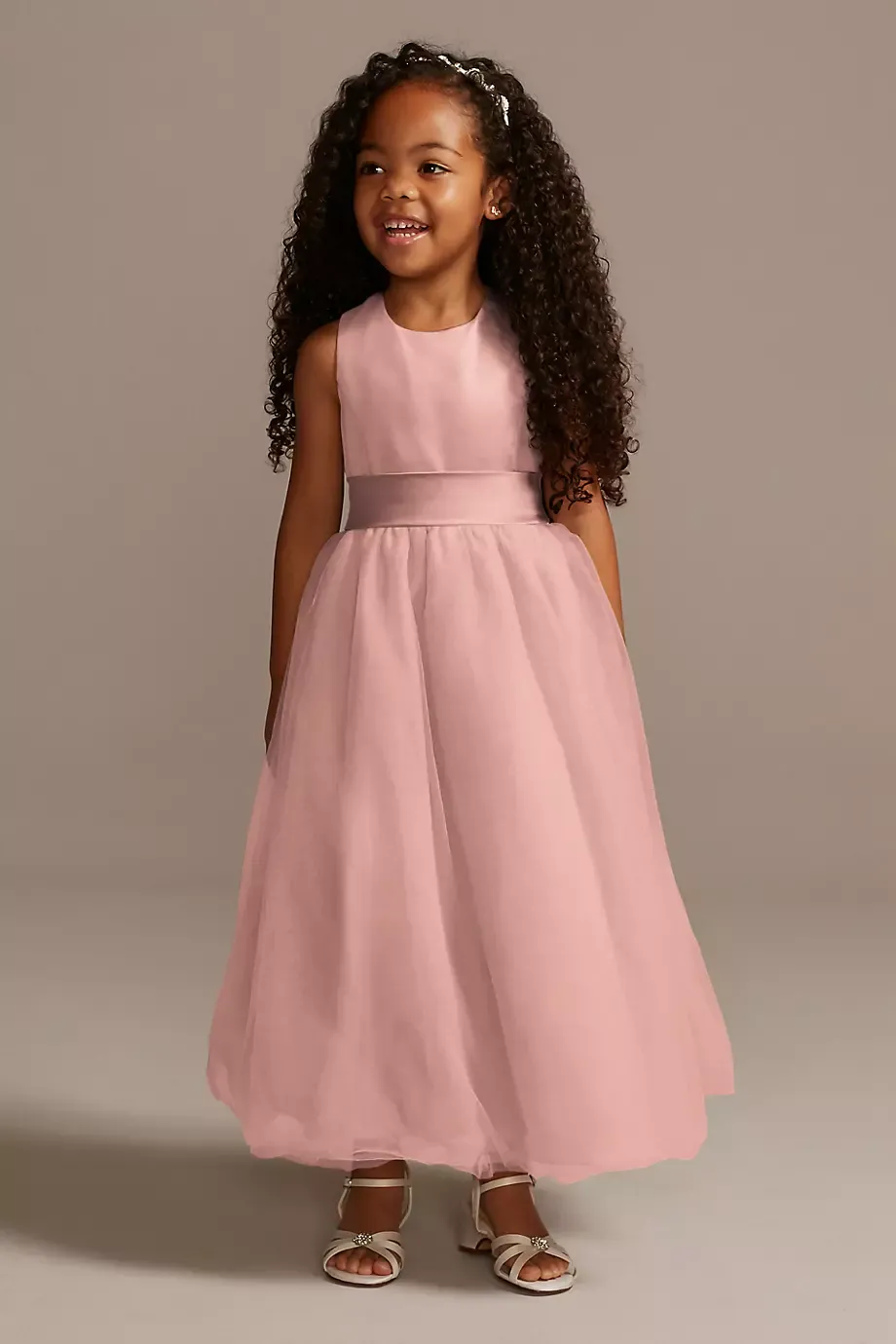 Satin Flower Girl Dress With Tulle Skirt in Ballet Size: 5 David's Bridal