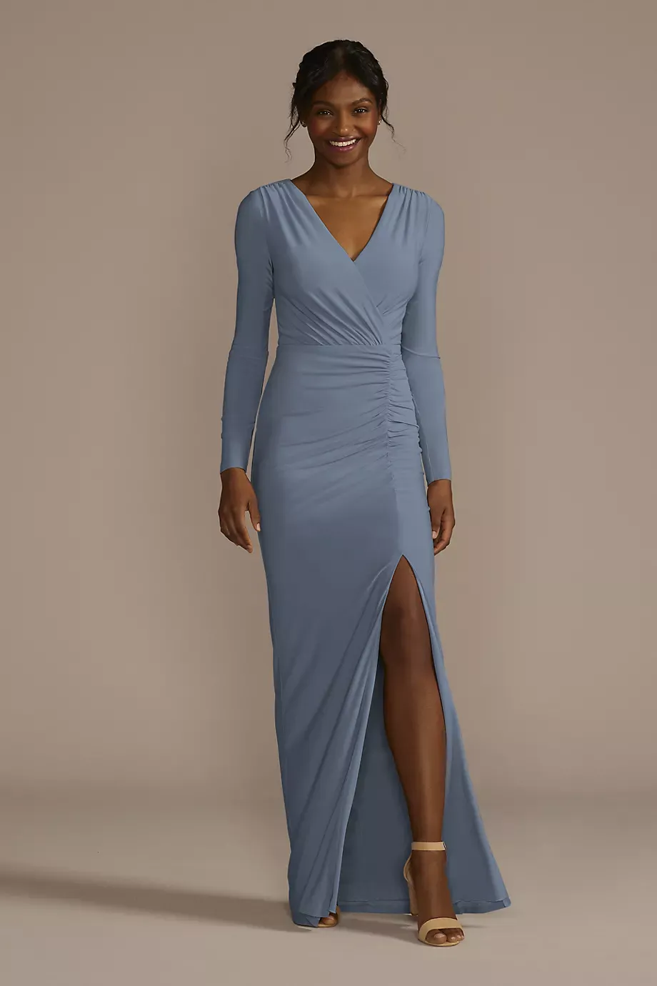 Celebrate DB Studio Long Sleeve Ruched Jersey Sheath Dress in Steel Blue Size: 20 David's Bridal