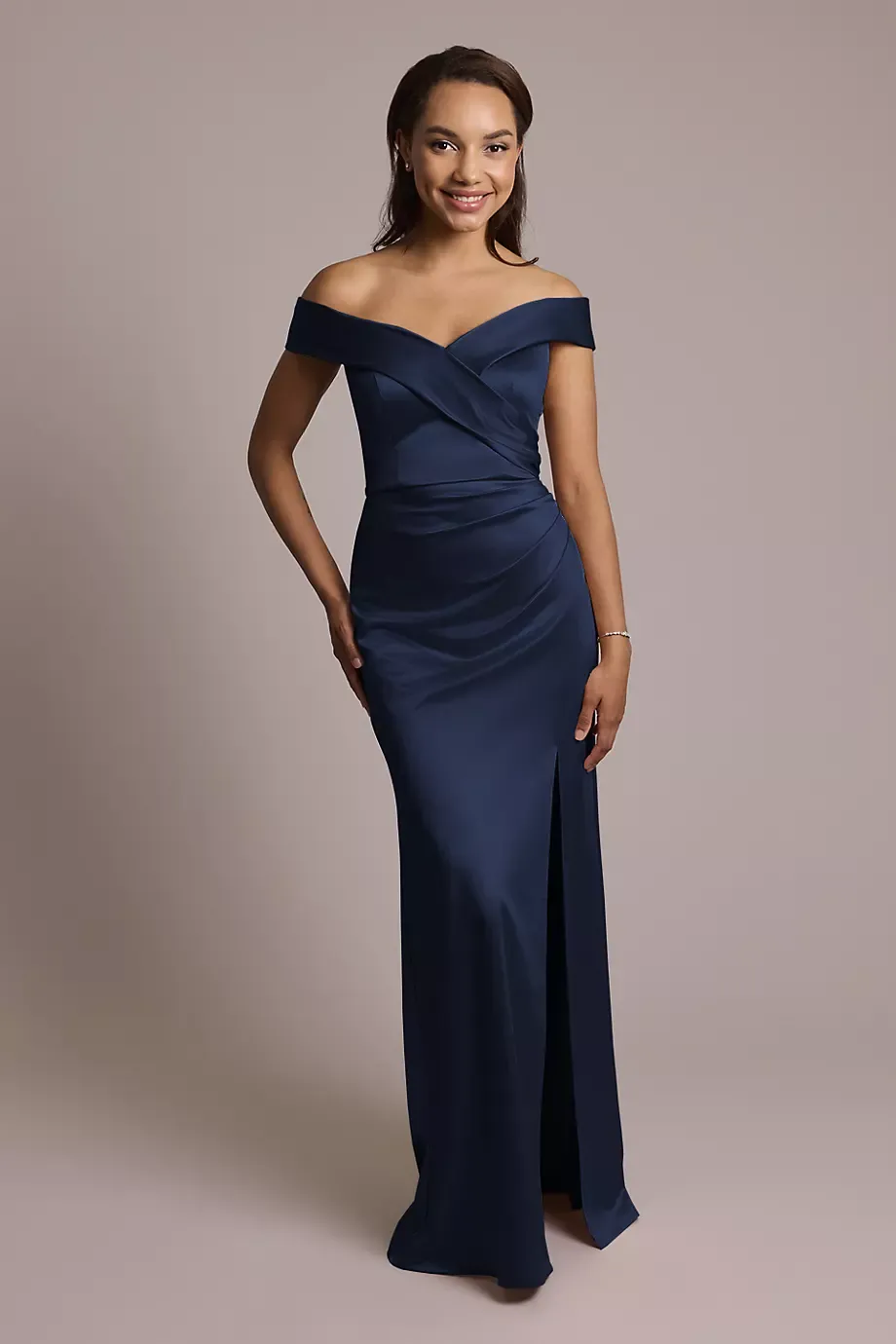 Celebrate DB Studio Sculpting Satin Cross-Front Dress in Marine Size: 12 David's Bridal