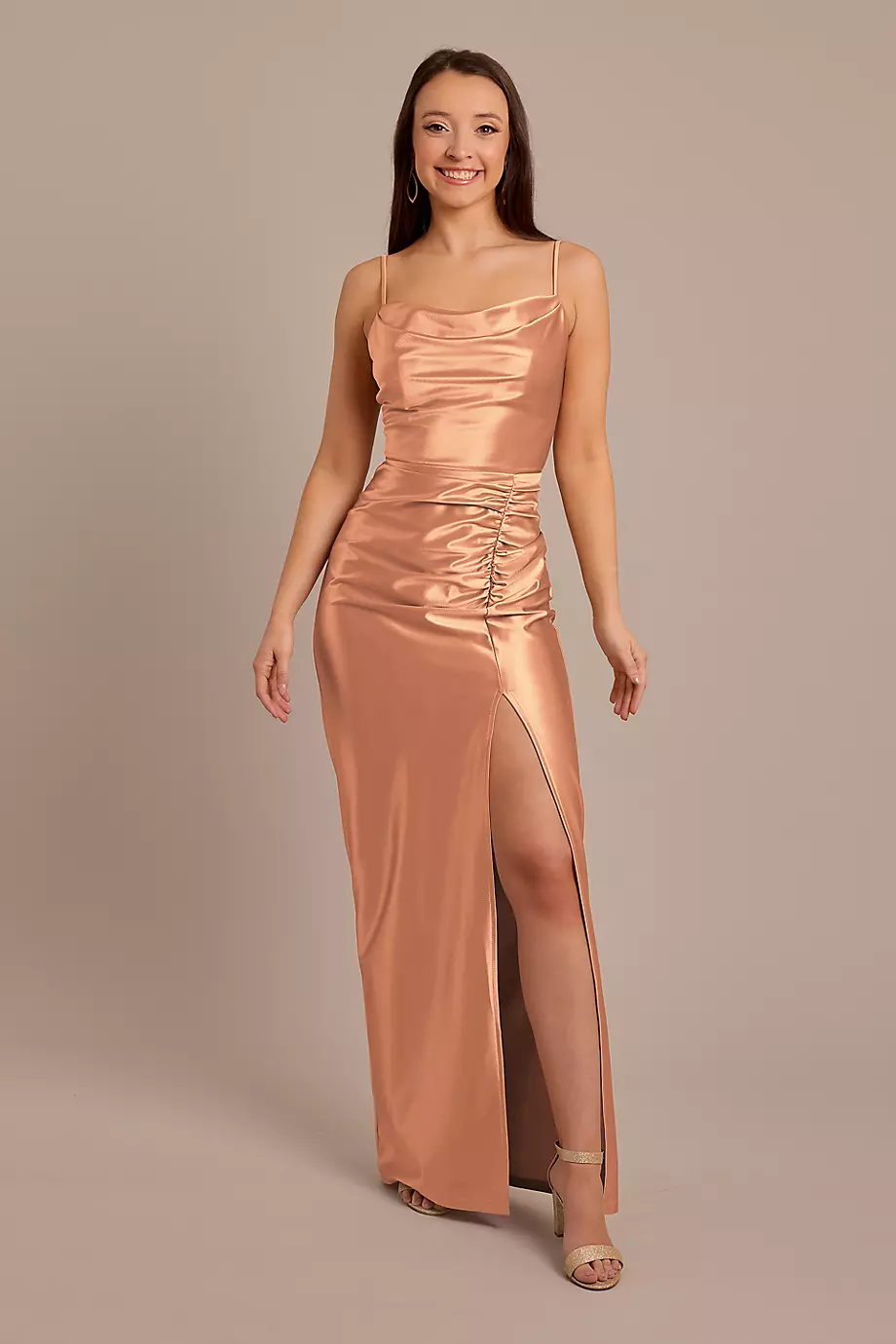 Celebrate DB Studio Sculpting Satin Cowl Neck Ruched Dress in Terracotta Size: 16 David's Bridal
