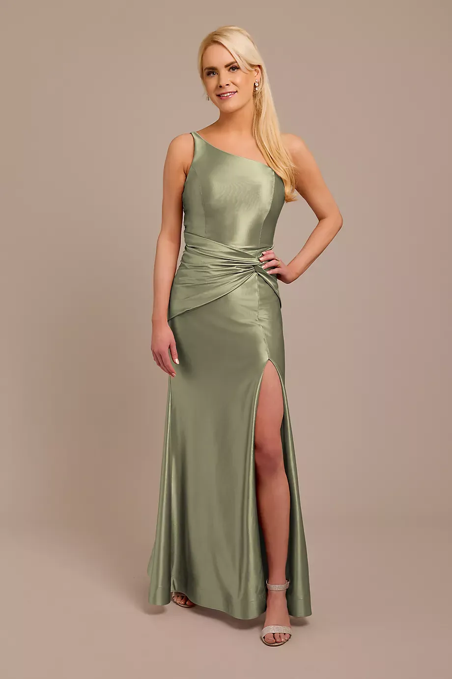Galina Signature Sculpting Satin One-Shoulder Knot Dress in Eucalyptus Size: 26 David's Bridal