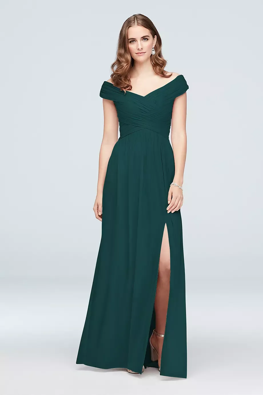 Celebrate DB Studio Crisscross Off-The-Shoulder Mesh Bridesmaid Dress in Gem Size: 4 David's Bridal