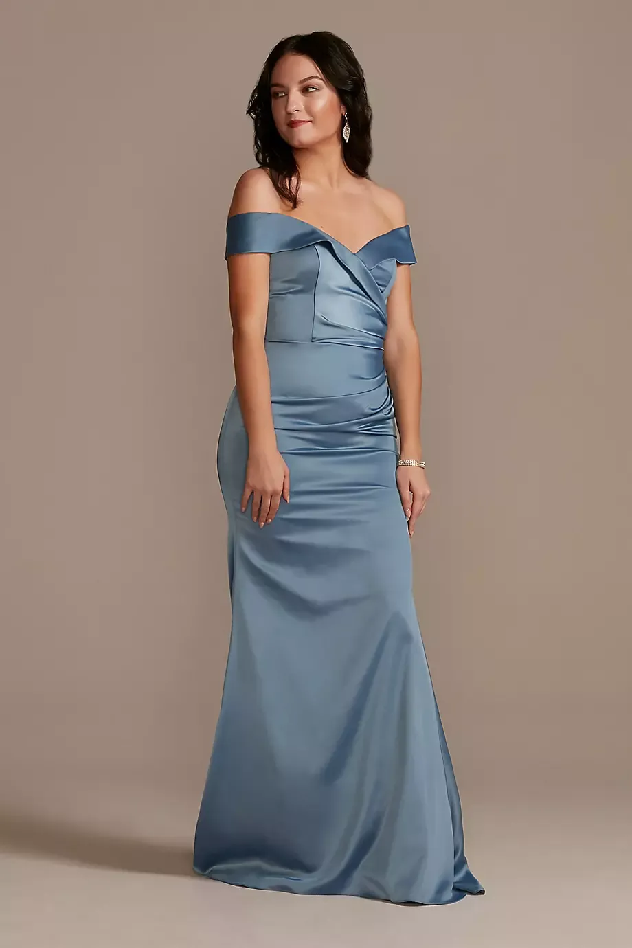 Galina Signature Satin Off-The-Shoulder Mermaid Dress in Steel Blue Size: 10 David's Bridal