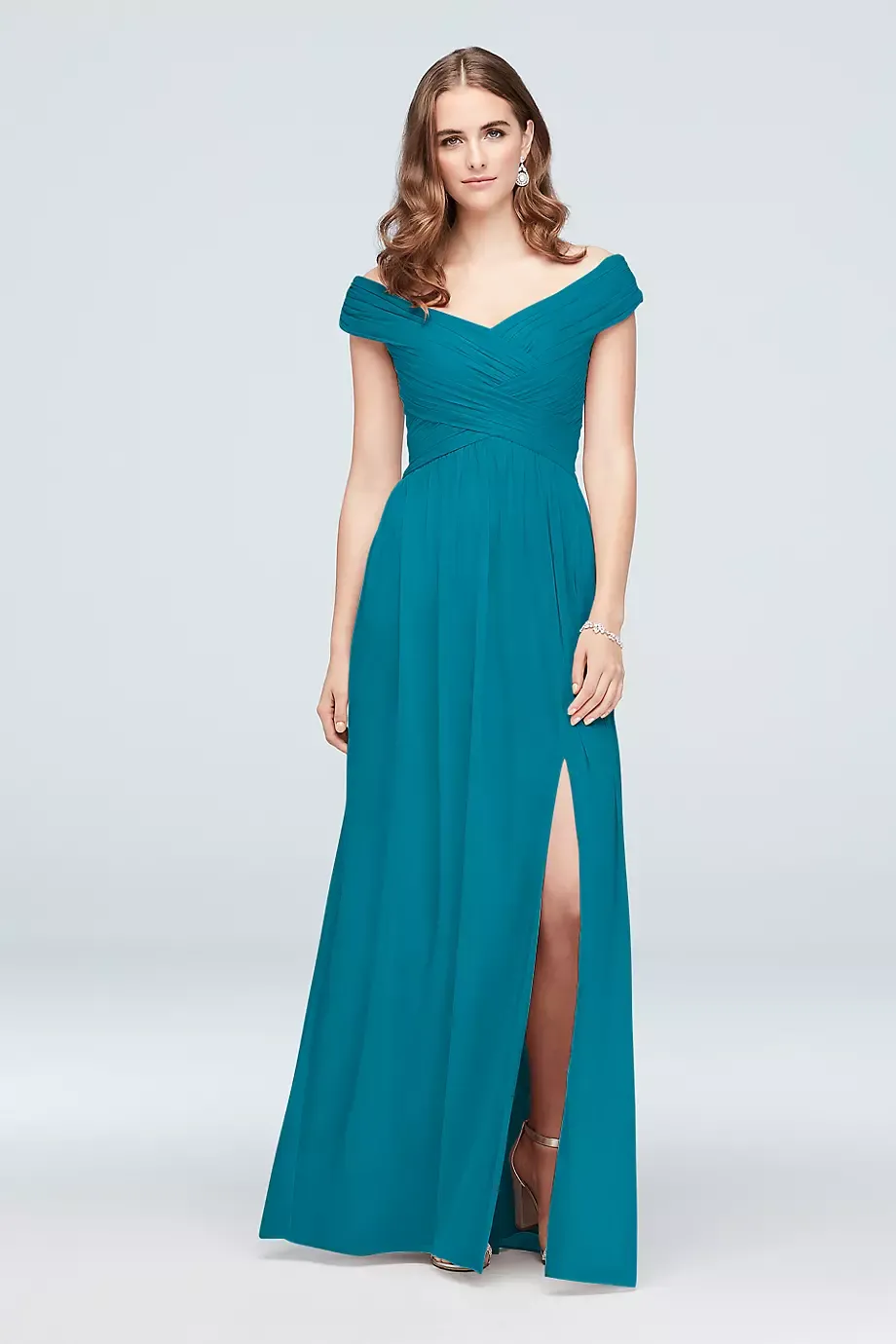 Celebrate DB Studio Crisscross Off-The-Shoulder Mesh Bridesmaid Dress in Oasis Size: 0 David's Bridal