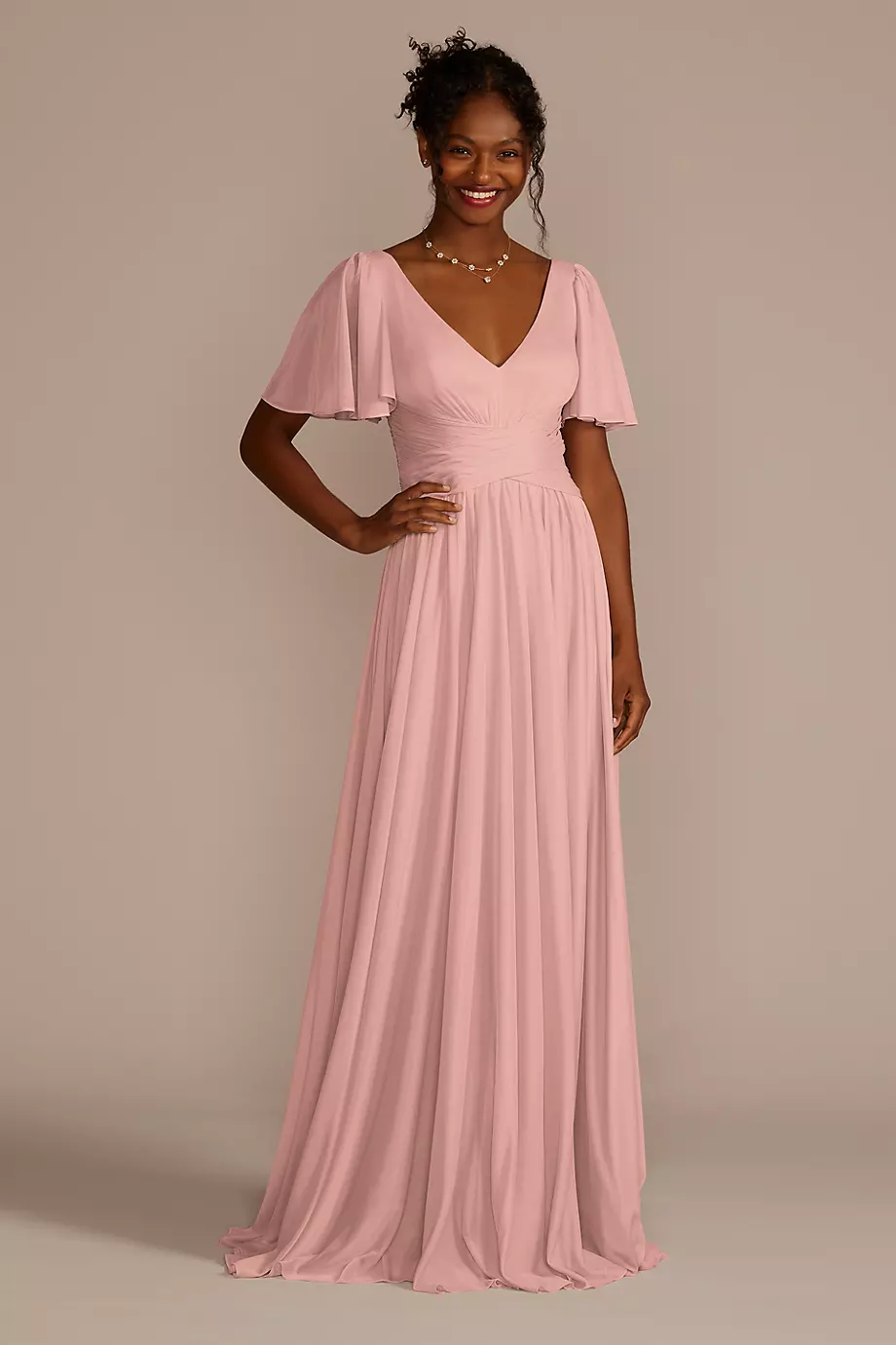 Celebrate DB Studio Crisscross Mesh Flutter Sleeve Bridesmaid Dress in Ballet Size: 26 David's Bridal
