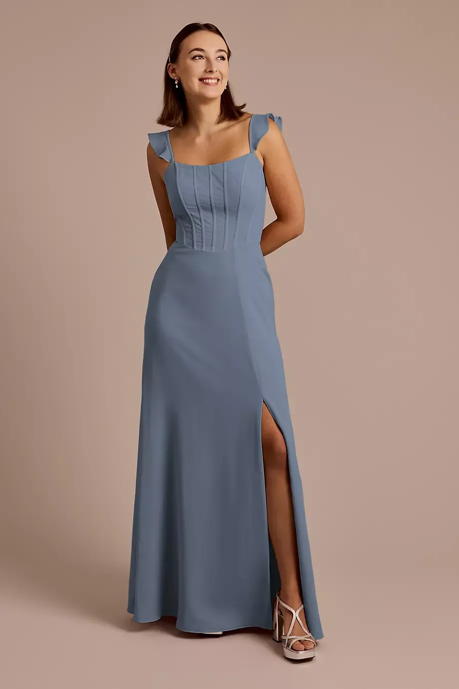 Celebrate DB Studio Chiffon Corset Dress With Flutter Sleeves in Steel Blue Size: 4 David's Bridal