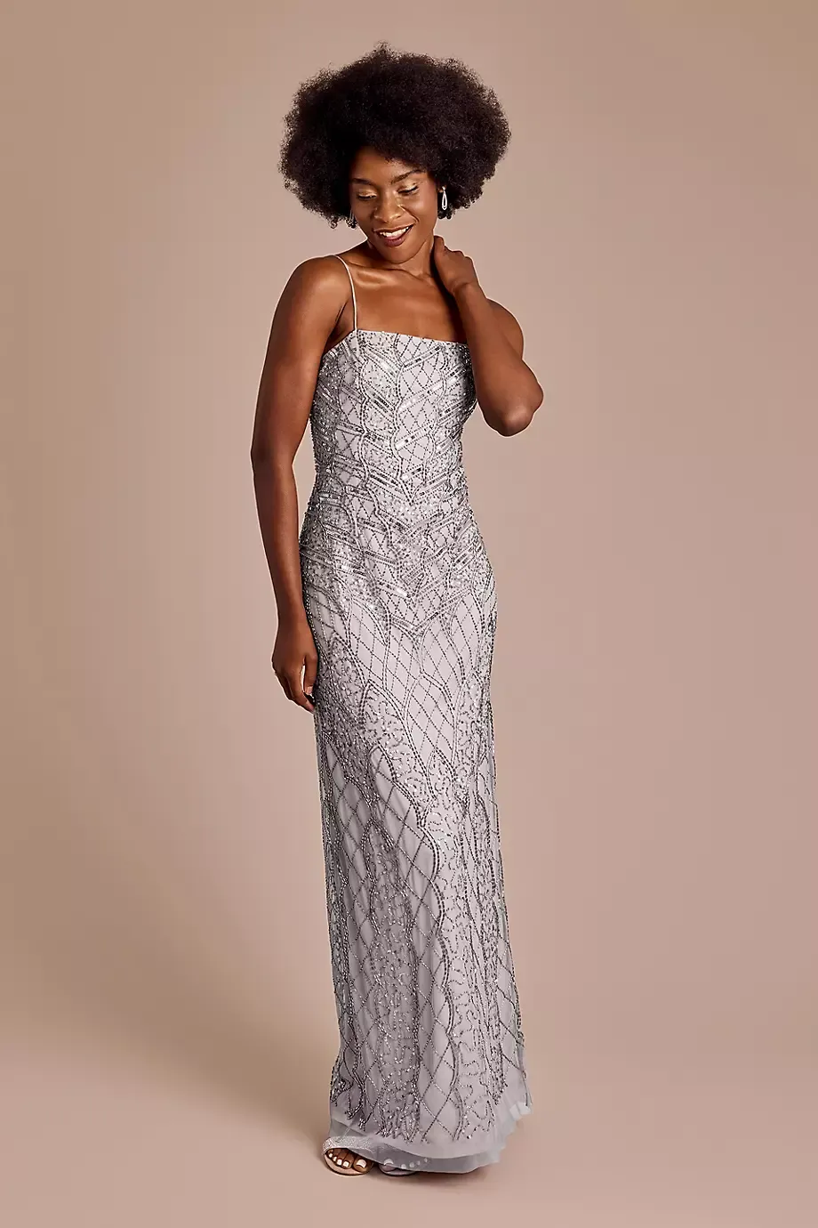 Galina Signature Beaded Straight Neck Sheath Dress in Gunmetal Size: 10 David's Bridal