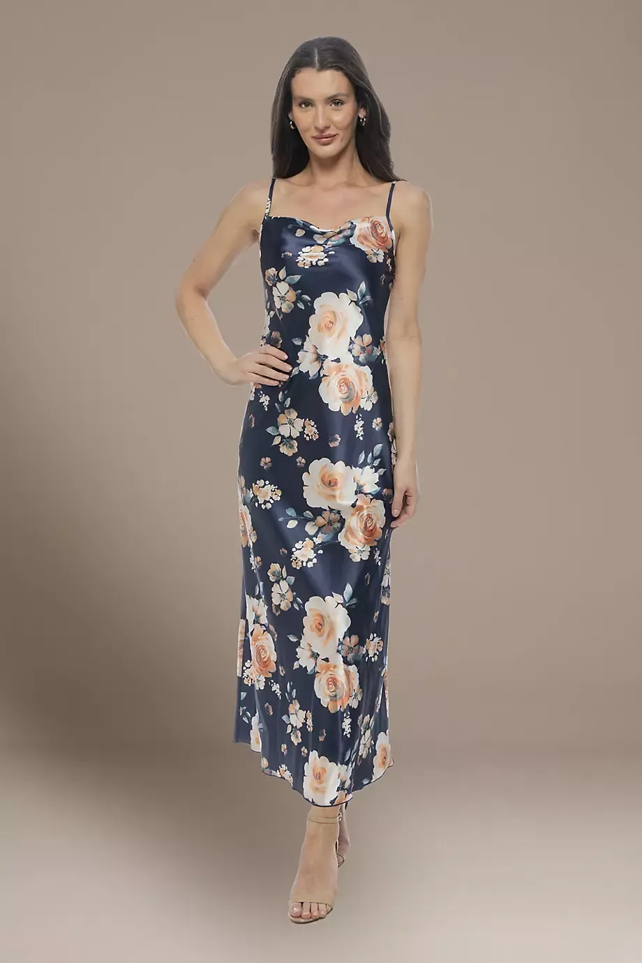 Bebe Floral Print Satin Long Sheath Dress in Navy/Multi Size: Large David's Bridal