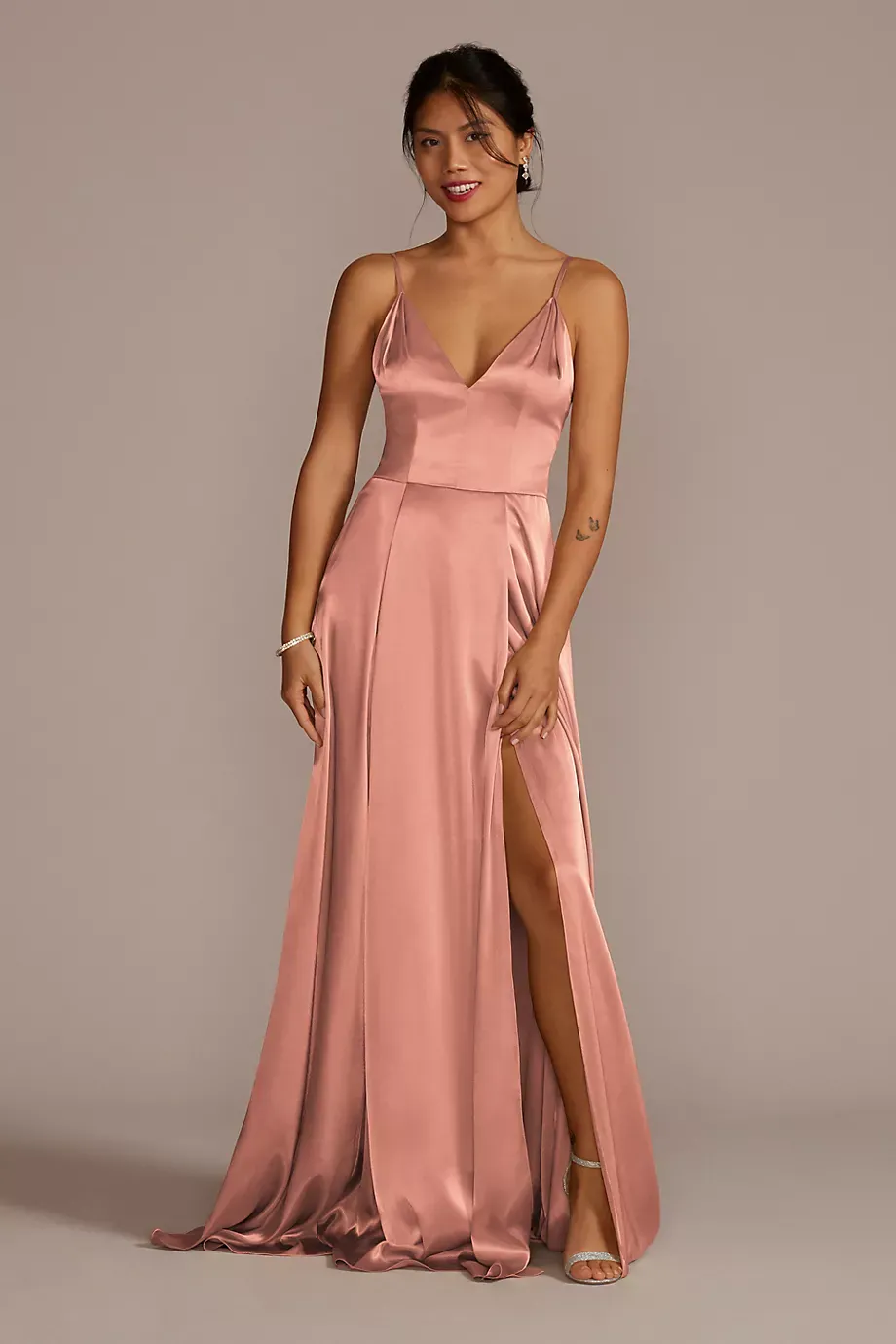 Galina Signature Charmeuse Deep V-Neck A-Line Dress in Desert Coral Size: 0 David's Bridal