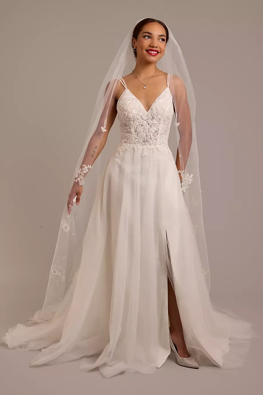 DB Studio Beaded Bodice Wedding Dress With Tulle Skirt in Ivory Size: 6 David's Bridal