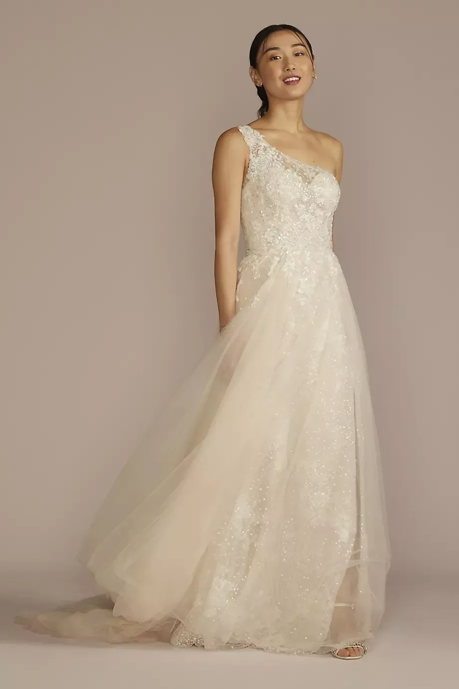 As Is One-Shoulder Wedding Dress With Overskirt in Ivory/Stone Size: 8 David's Bridal