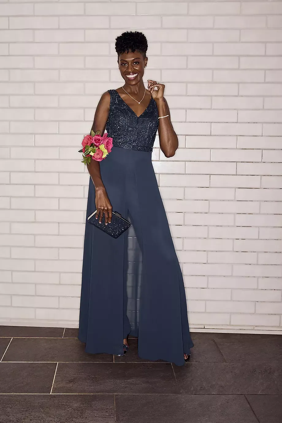 Oleg Cassini Beaded Bodice Jumpsuit With Matching Scarf in Navy Size: 6 David's Bridal
