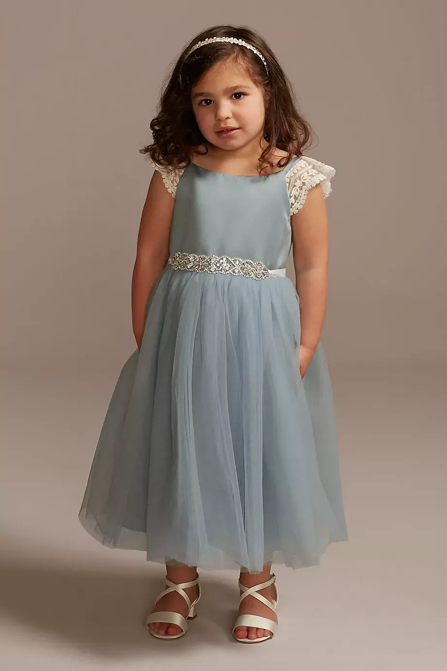 Crochet Cap Sleeve Ruffle Flower Girl Dress in Ivory/Dusty Blue Size: 14 David's Bridal