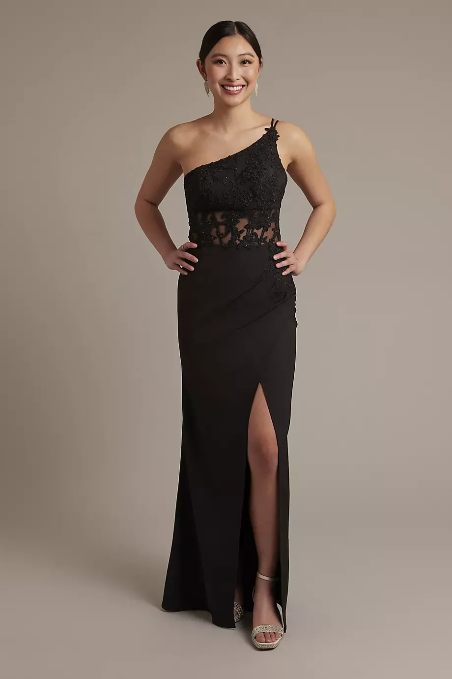 Galina Signature One-Shoulder Sheath Dress With Beaded Appliques in Black Size: 4 David's Bridal