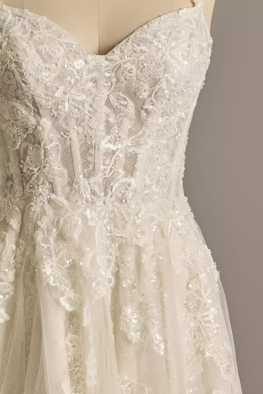 Oleg Cassini Tulle Tank Ball Gown With Floral Lace Appliques in Ivory/Champagne Cocoa Size: 12 David's Bridal