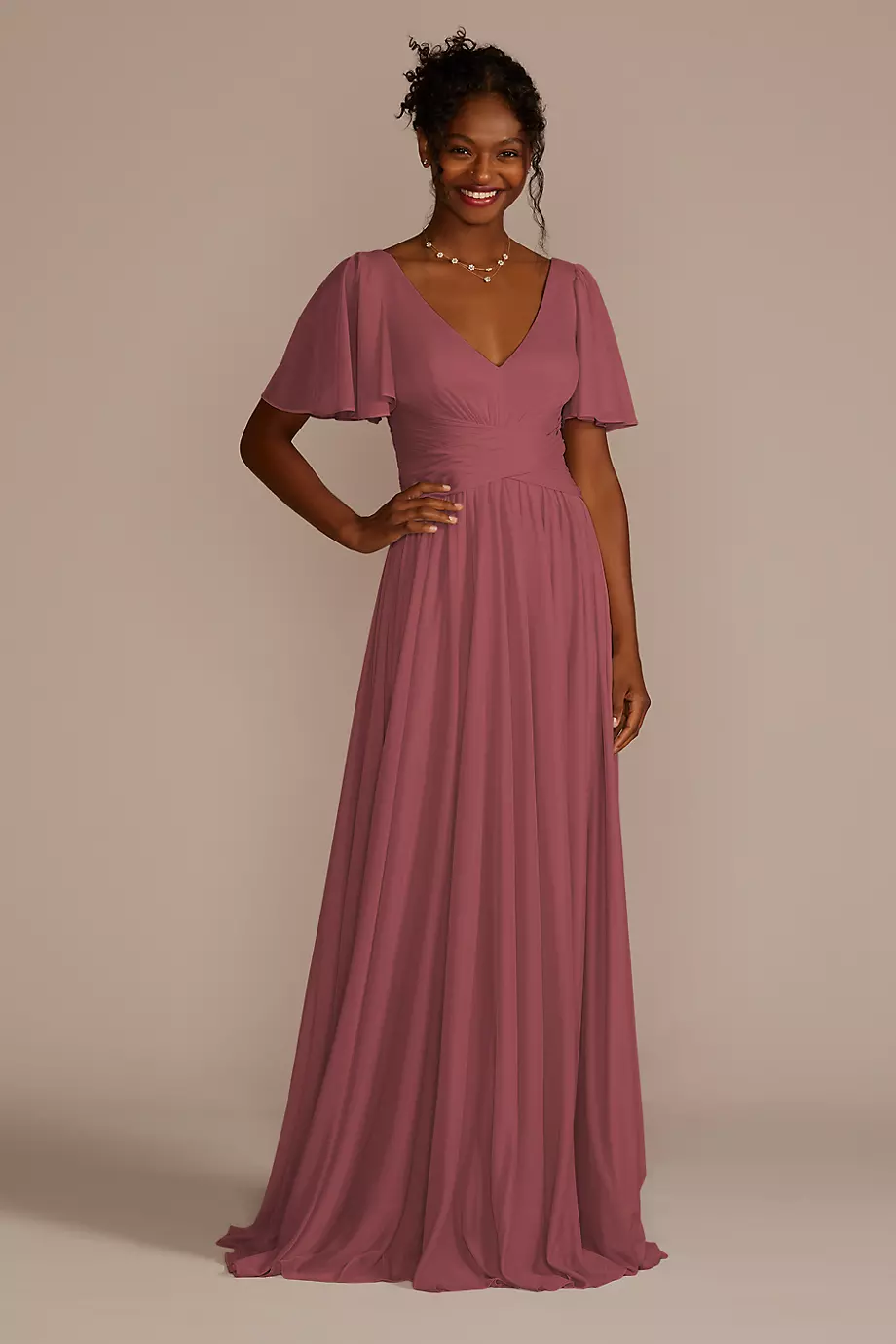 Celebrate DB Studio Flutter Sleeve Crisscross Mesh Dress in Chianti Size: 10 David's Bridal