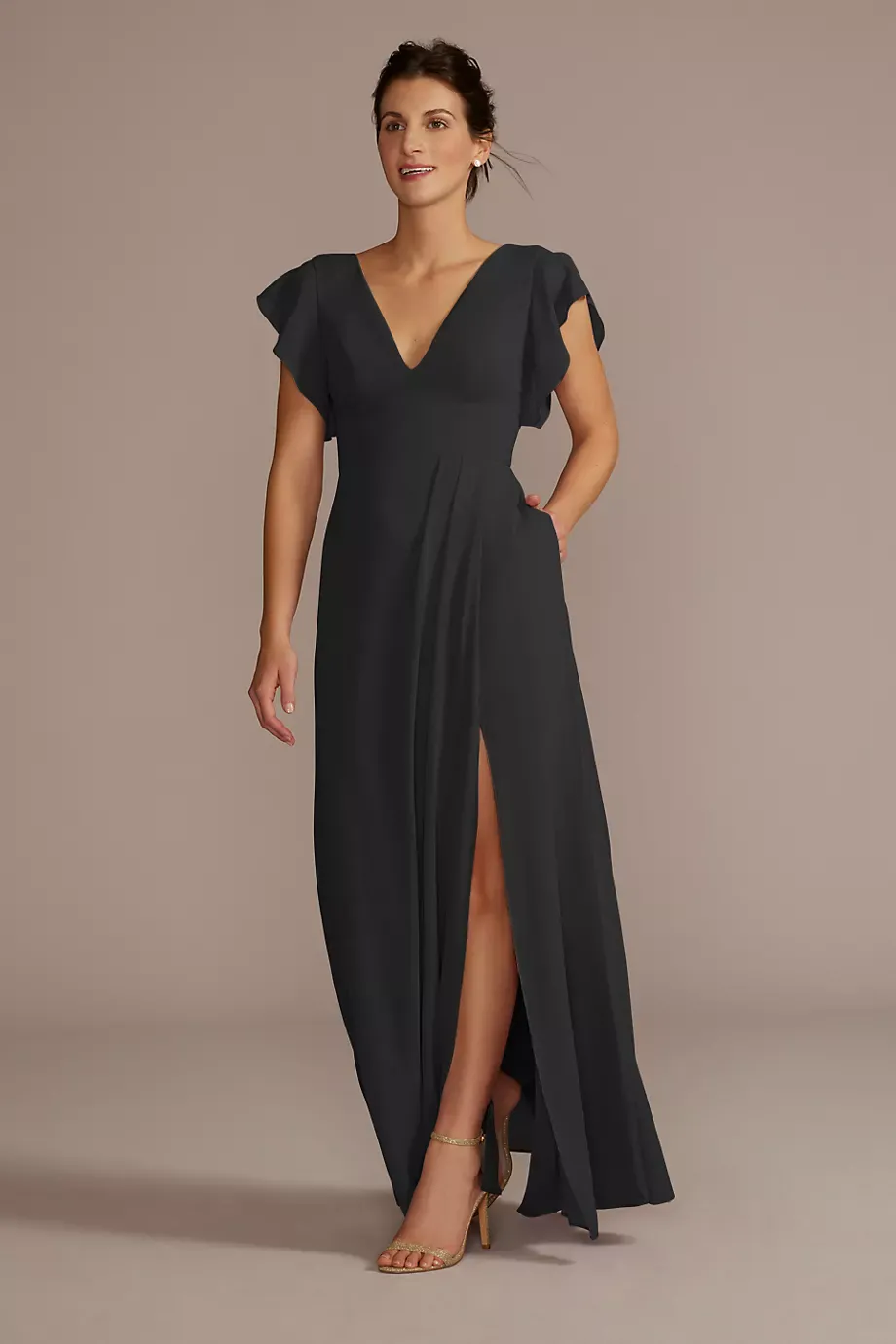 Celebrate DB Studio Tall Flutter Sleeve Chiffon Dress in Black Size: 24 David's Bridal