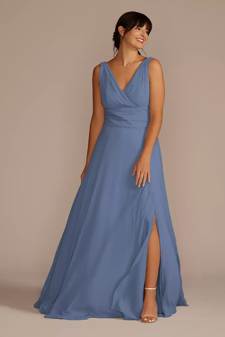 Celebrate DB Studio Long Chiffon Surplice Tank Bridesmaid Dress in Steel Blue Size: 24 David's Bridal